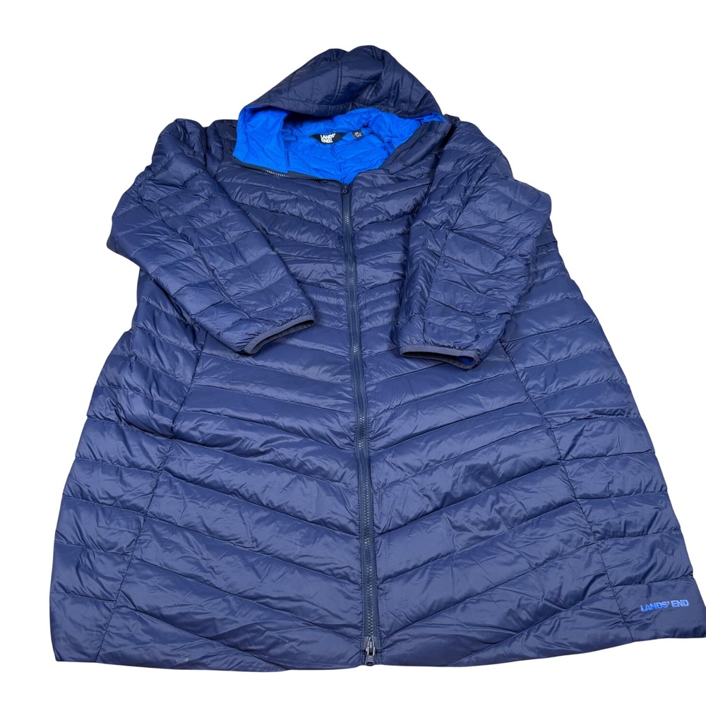Lands End Womens 3X Navy Blue Ultralight Down Hooded Puffer Long Coat 24W-26W